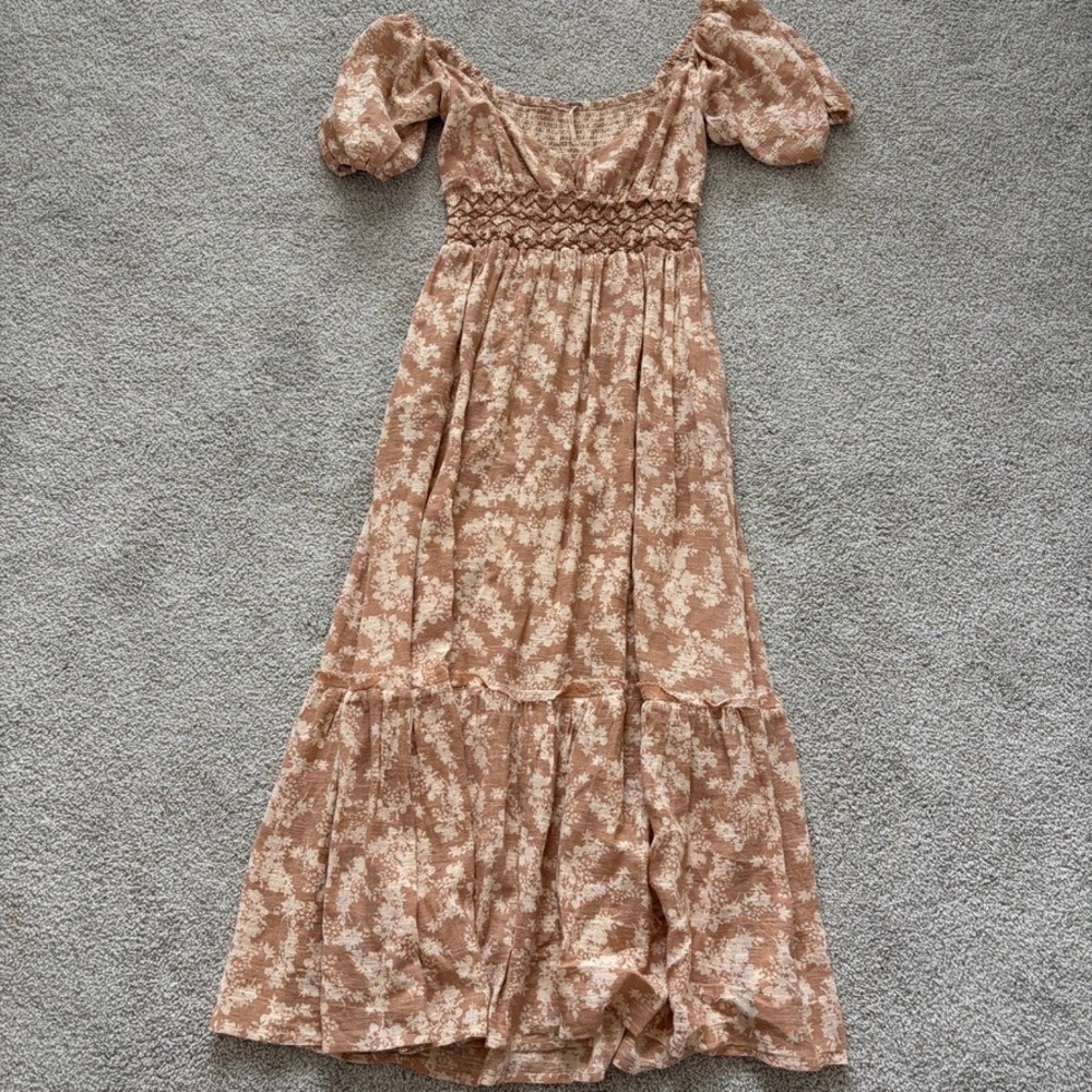 Free People Ellie Maxi Dress Womens XS Tan Floral Boho Cottage Peasant Milkmaid